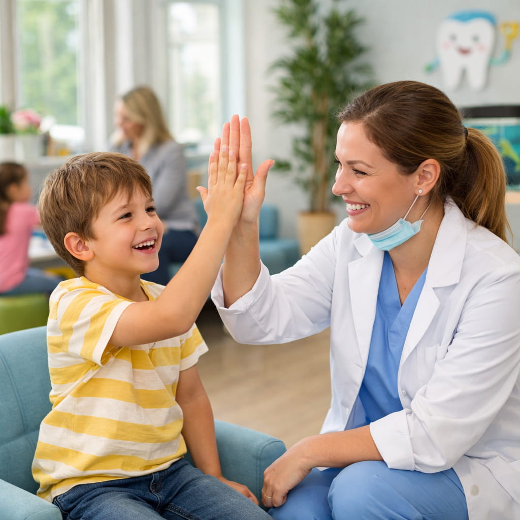 Friendly Riverside pediatric dentist examining a child at Wiz Kids Dental in Riverside CA